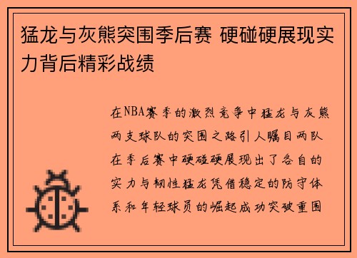 猛龙与灰熊突围季后赛 硬碰硬展现实力背后精彩战绩